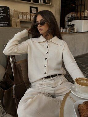 Zara  Knit High Neck Collar Gold Button Cardigan Sweater Ecru Cream Size Small